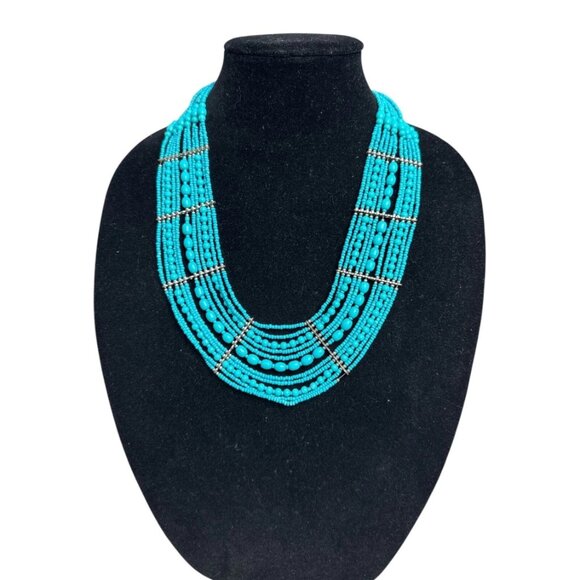 Multi-Strand Faux Turquoise Beaded Statement Necklace Silver Tone Boho Chic - Picture 2 of 4